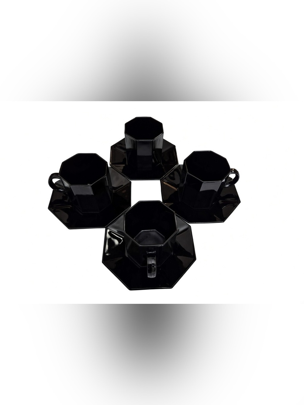 Black Arcoroc Octime Octagonal Glass Cup & Saucer Set from 1980s France.